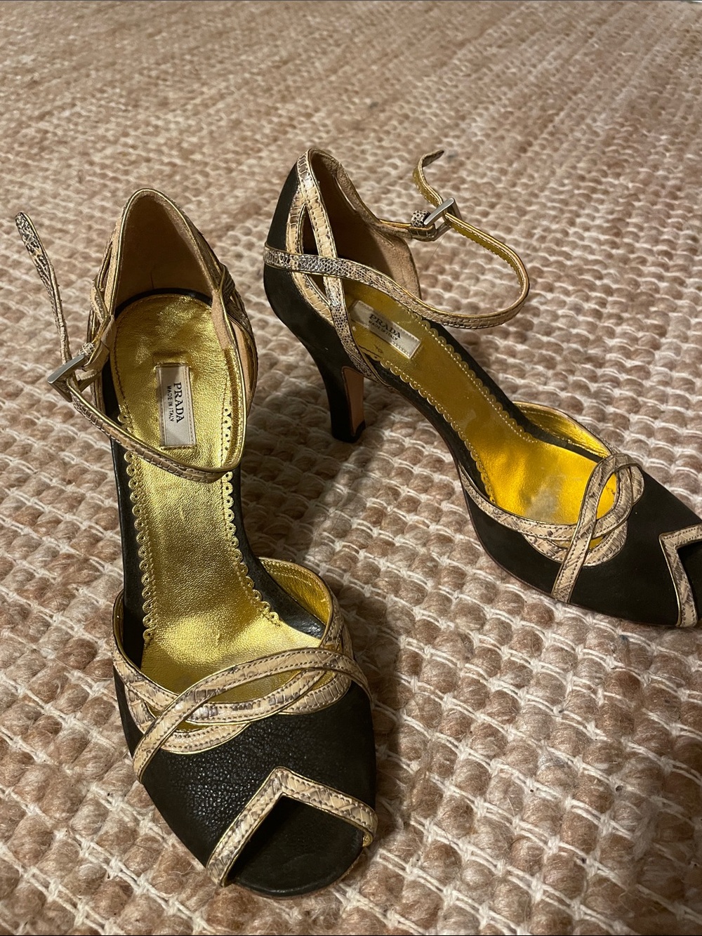 Vintage Prada Black Peep Toe Heels with Gold Accents and Snake Skin Trim